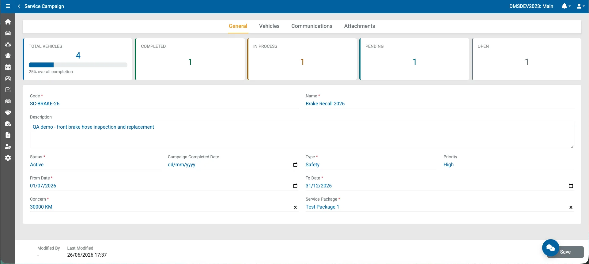 Service campaign record — brake recall with completed, in-process and pending vehicle counters