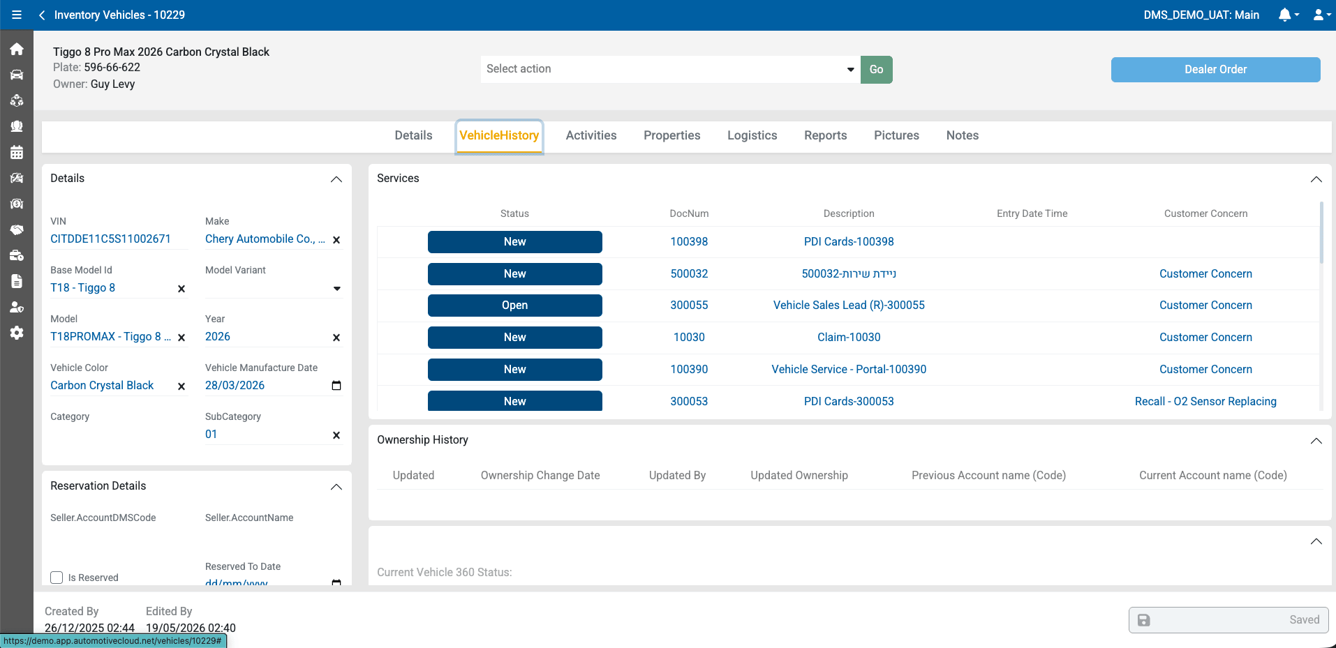 Vehicle record — master data, services and ownership history